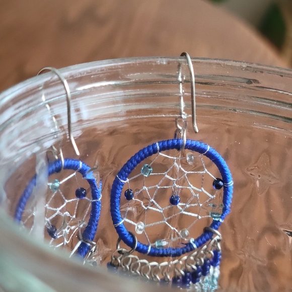 Handmade Blue Beaded Dream Catcher Dangle Earrings, Boho Chic Jewelry - Picture 4 of 4